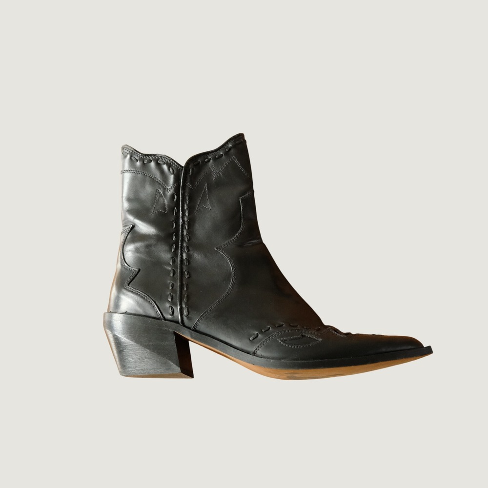 Zara Heeled Cowboy Ankle Boots Black Leather Pointed Toe Western Size 40 Western